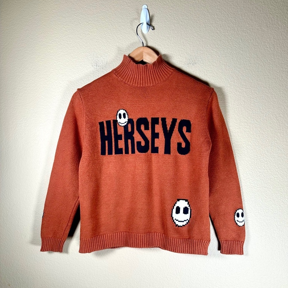 Y2K ‘Herseys’ Spell Out Knit Pullover Sweater in Burnt Orange